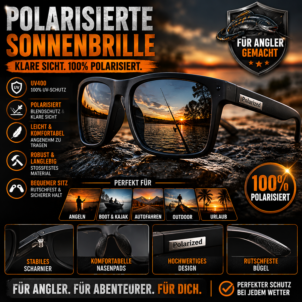 Polarisierte Sonnenbrille für Angler mit UV400-Schutz – Produktgrafik mit Merkmalen wie Blendschutz, robustem Gestell und rutschfesten Bügeln