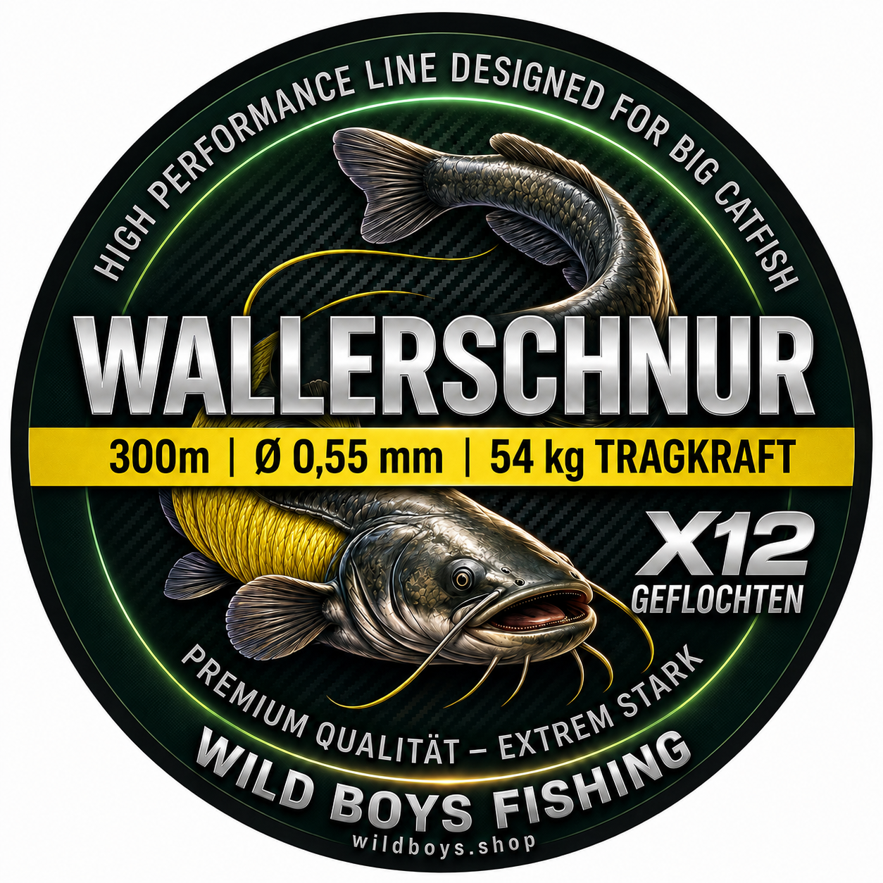 Wild Boys Mega X12 Wallerschnur 0,55 mm 300 m – 12-fach geflochten Gelb 54 kg – Spule Frontansicht