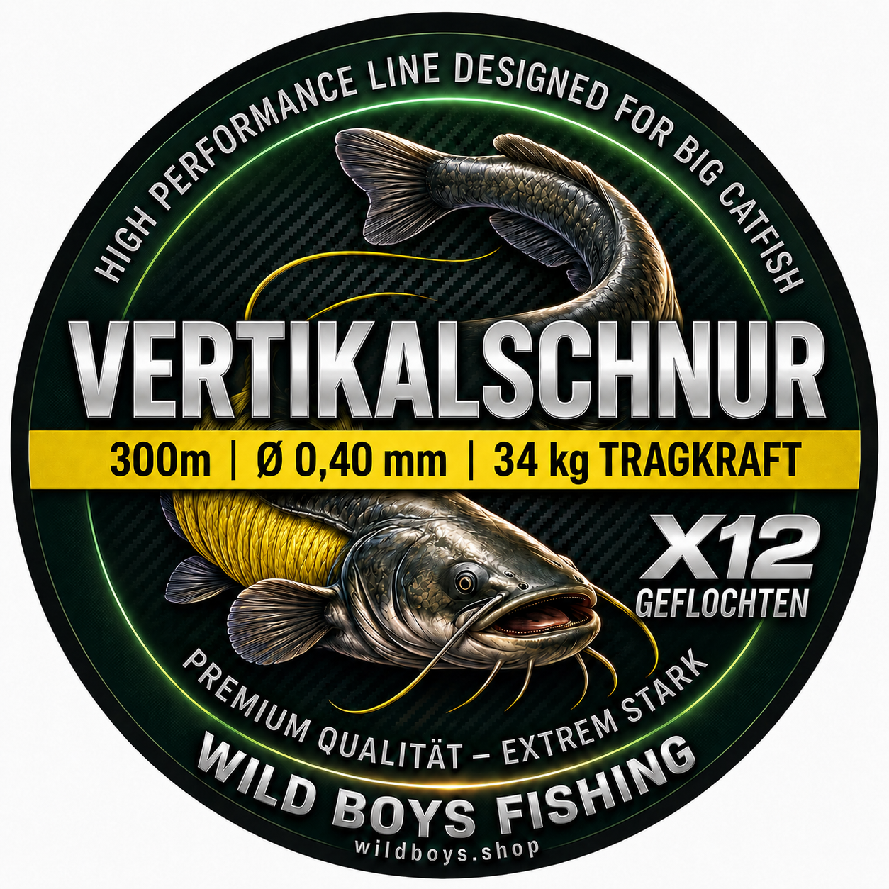 Wild Boys Mega X12 Vertikalschnur Wels 0,40 mm 300 m — 12-fach geflochten Gelb | 34 kg