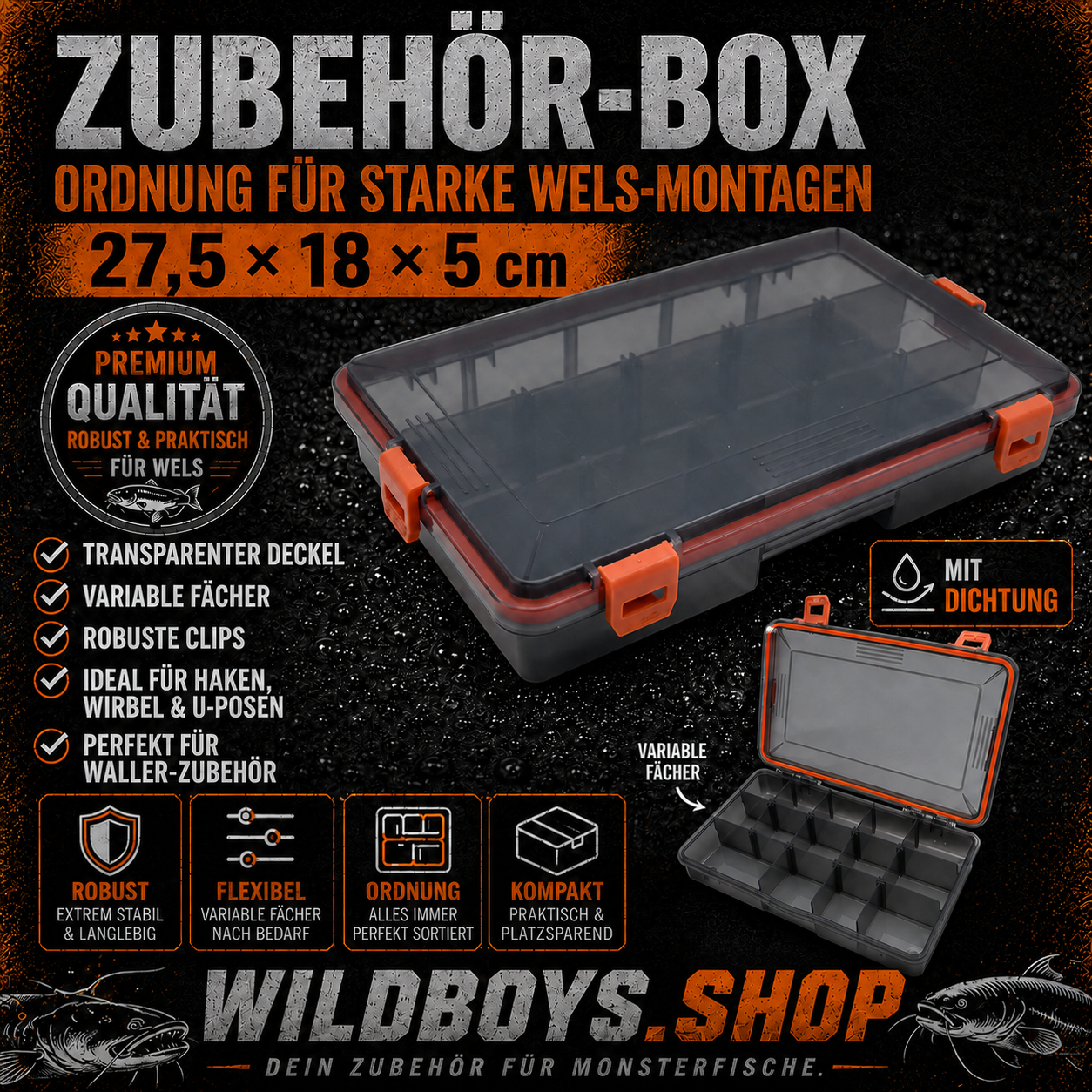 Angel Zubehörbox Wild Boys Fishing für Wels und Waller, 27,5 x 18 x 5 cm