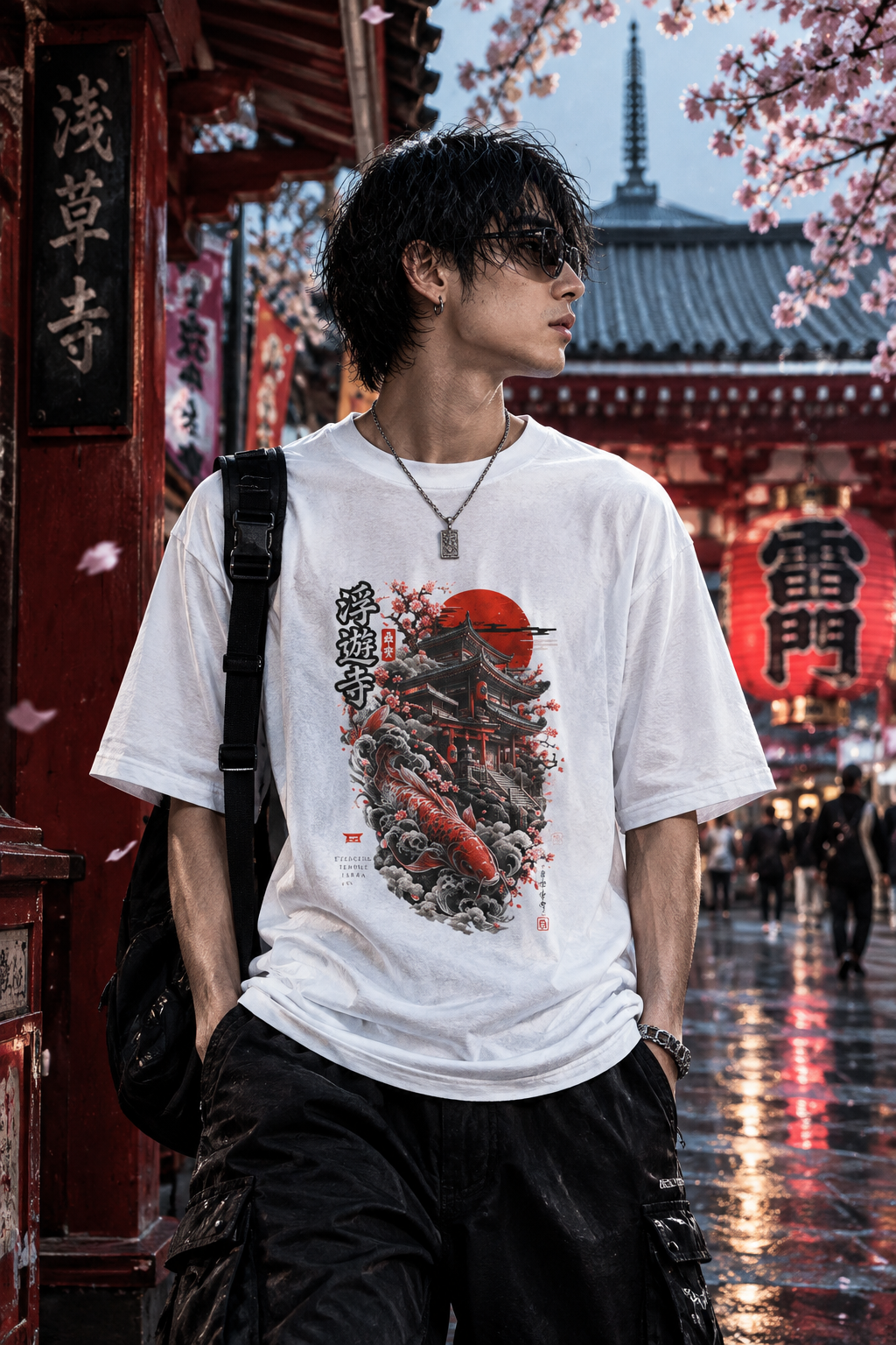 Floating Temple T-Shirt — Japanese Streetwear Koi & Kirschblüten Herren Damen