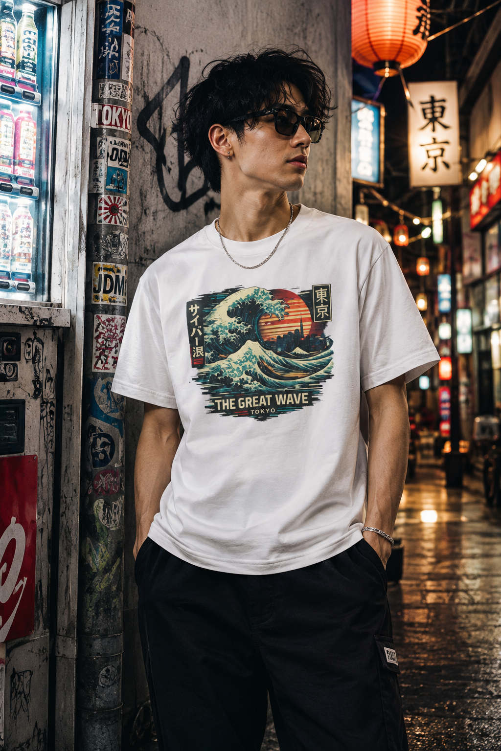 Great Wave Tokyo T-Shirt — Cyberpunk Neon Sunset Design Nahaufnahme