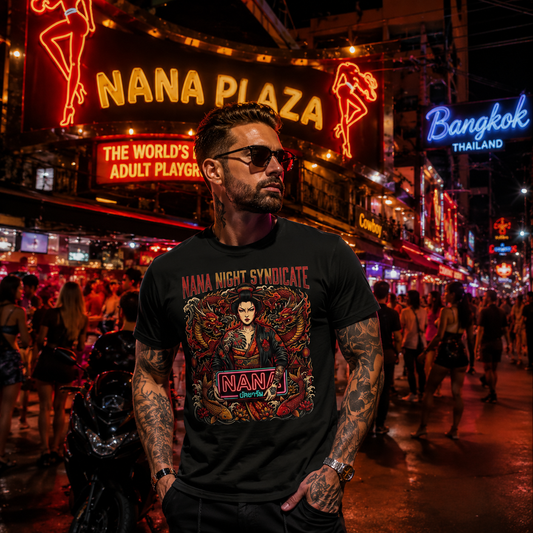 Nana Night Syndicate T-Shirt — Bangkok Nightlife Graphic Tee – T-Shirt Designdetail Nahaufnahme