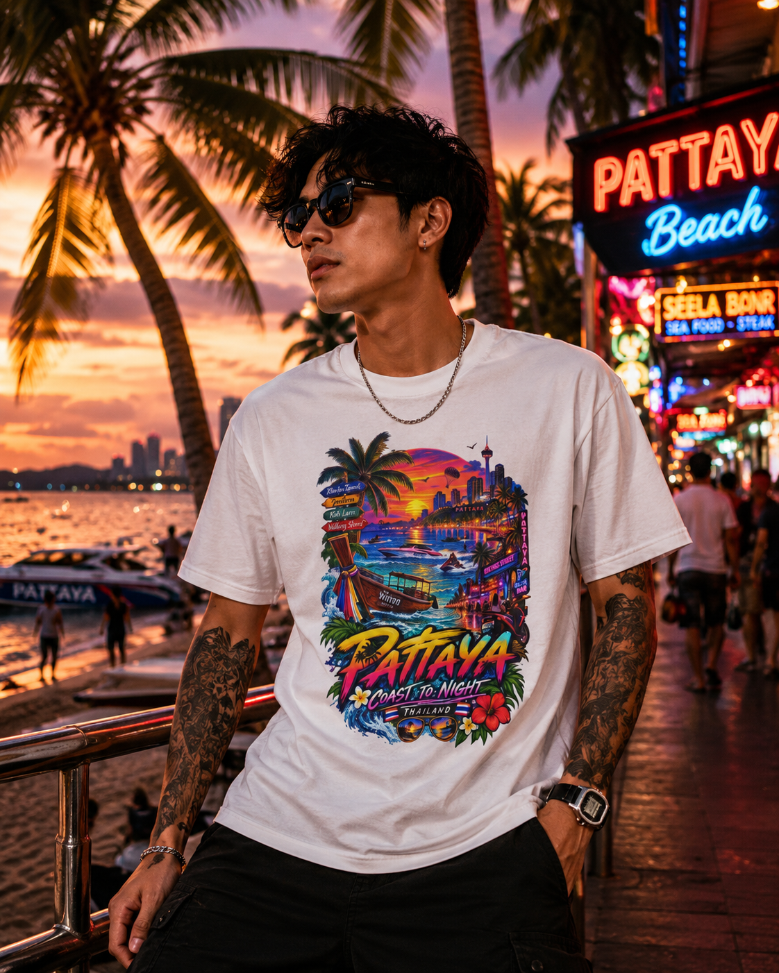 Pattaya Coast to Night T-Shirt — Skyline Sunset Design Nahaufnahme