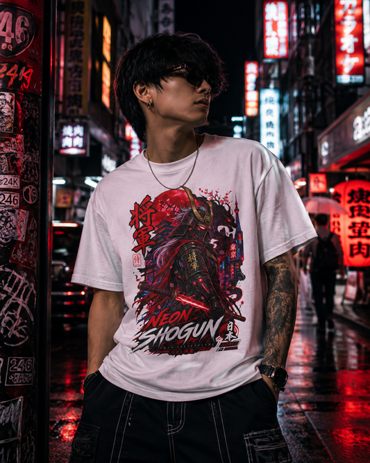 Neon Shogun T-Shirt – Cyberpunk Samurai Streetwear Herren Damen Unisex