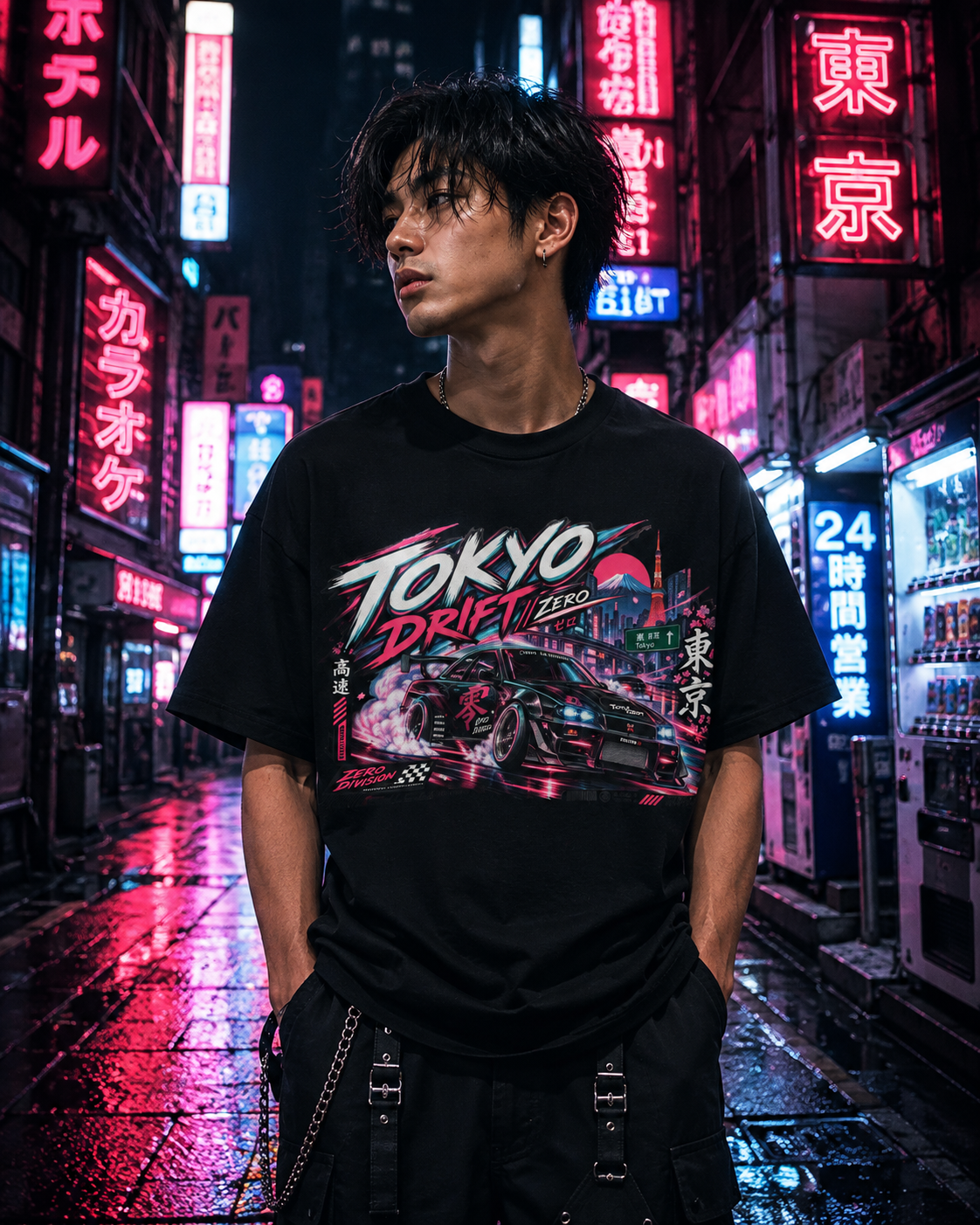 Tokyo Drift T-Shirt Model Nachtszene — Japanese Streetwear