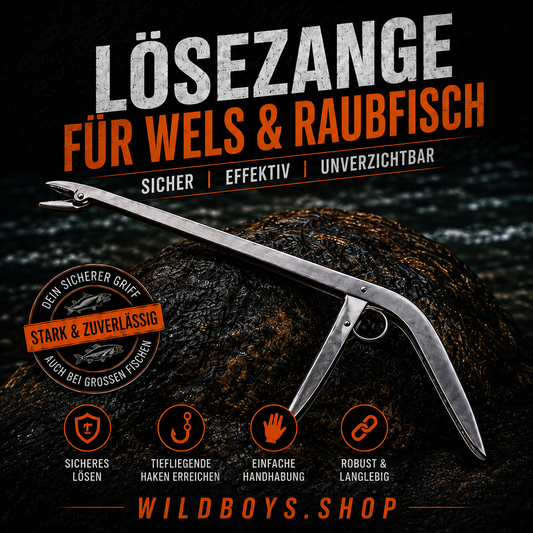 Lösezange Wels & Raubfisch 29cm Edelstahl — Hakenlöser Angelzange | Wild Boys Fishing – Angelhaken Frontansicht