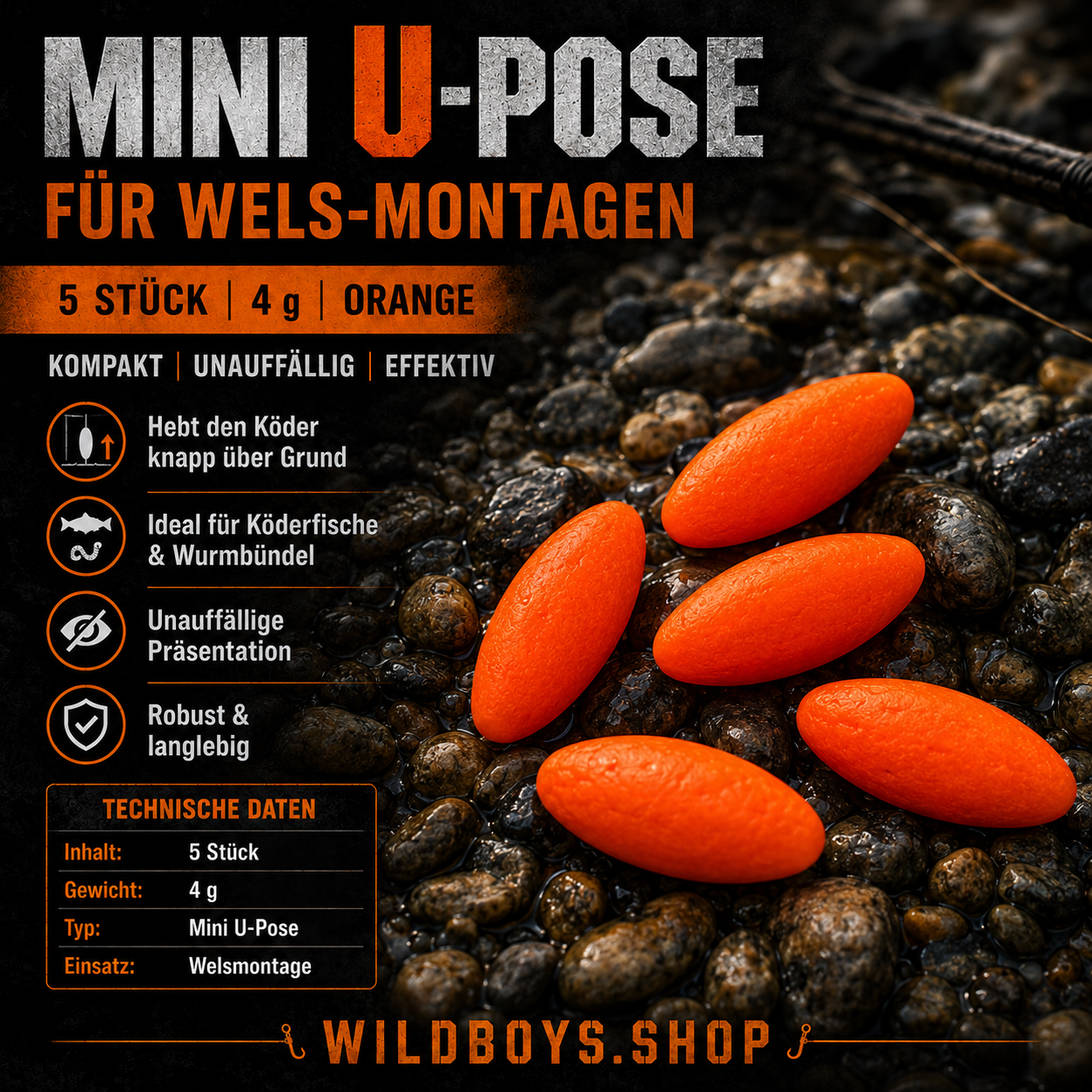 Mini U-Pose Wels 4g Orange 5 Stück — Unterwasserpose für Welsmontagen | Wild Boys Fishing – Pose von Wild Boys Fishing