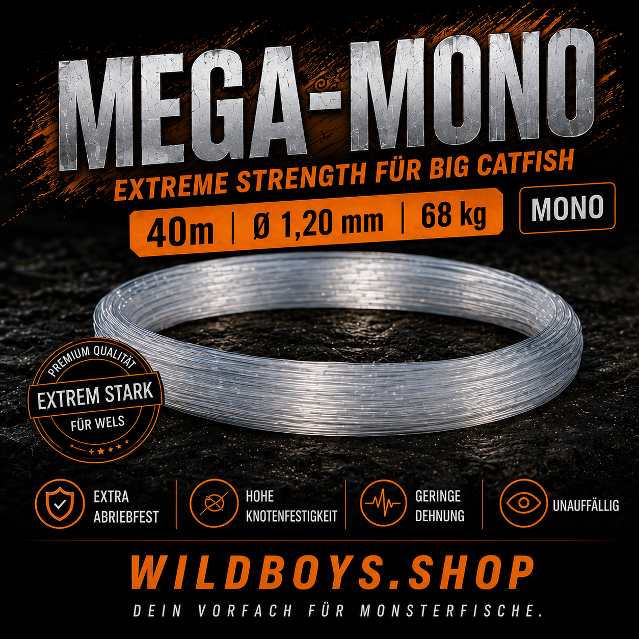 Wild Boys "Mega Mono" Hard Mono Vorfach – 1,0 mm & 1,2 mm | 40m Spule – Angelschnur Frontansicht
