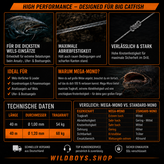Wild Boys "Mega Mono" Hard Mono Vorfach – 1,0 mm & 1,2 mm | 40m Spule – Angelschnur Detailansicht
