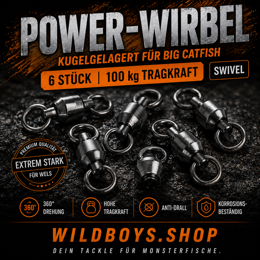 Power-Wirbel Wels 100 kg 6 Stück — Kugelgelagerter Edelstahl-Wirbel für Welsmontagen | Wild Boys Fishing – Angelzubehör Frontansicht