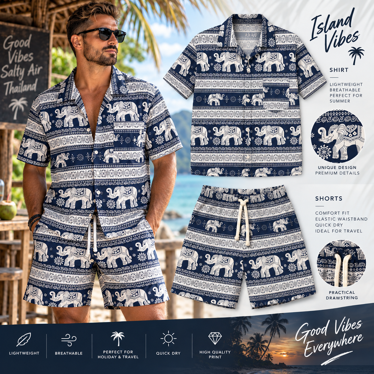 Thai Elephant Herren-Set – Hemd & Shorts Navy/Creme
