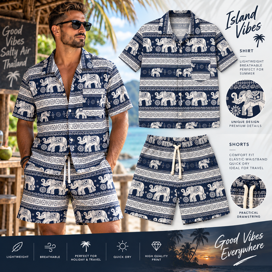 Thai Elephant Herren-Set – Hemd & Shorts Navy/Creme