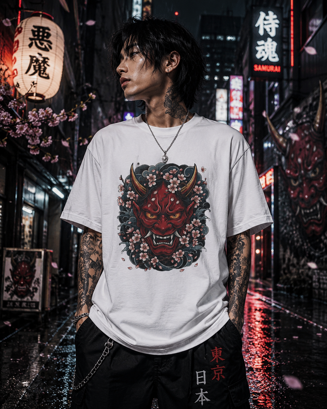 Hannya Maske Kirschblüten T-Shirt — Japanese Streetwear Dämon Herren Damen