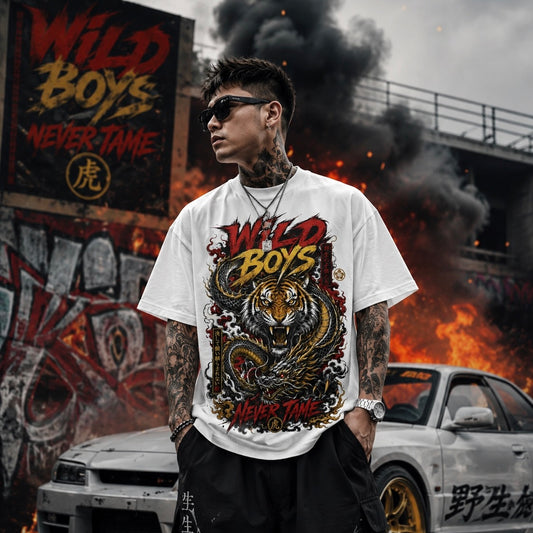 Wild Boys Never Tame T-Shirt — Tiger Dragon Japanese Streetwear Unisex Tee
