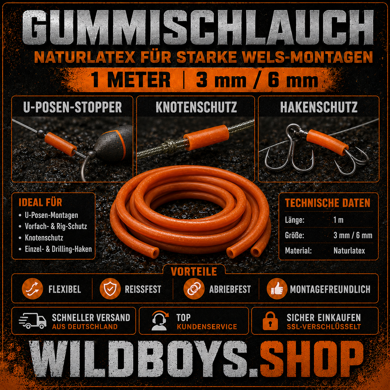 Gummischlauch 1m 3mm 6mm Orange Infografik Eigenschaften flexibel reissfest