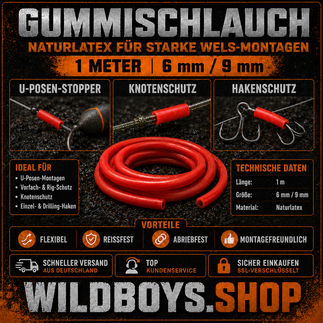 Gummischlauch 1m 6mm 9mm Rot Infografik Eigenschaften Naturlatex flexibel reissfest
