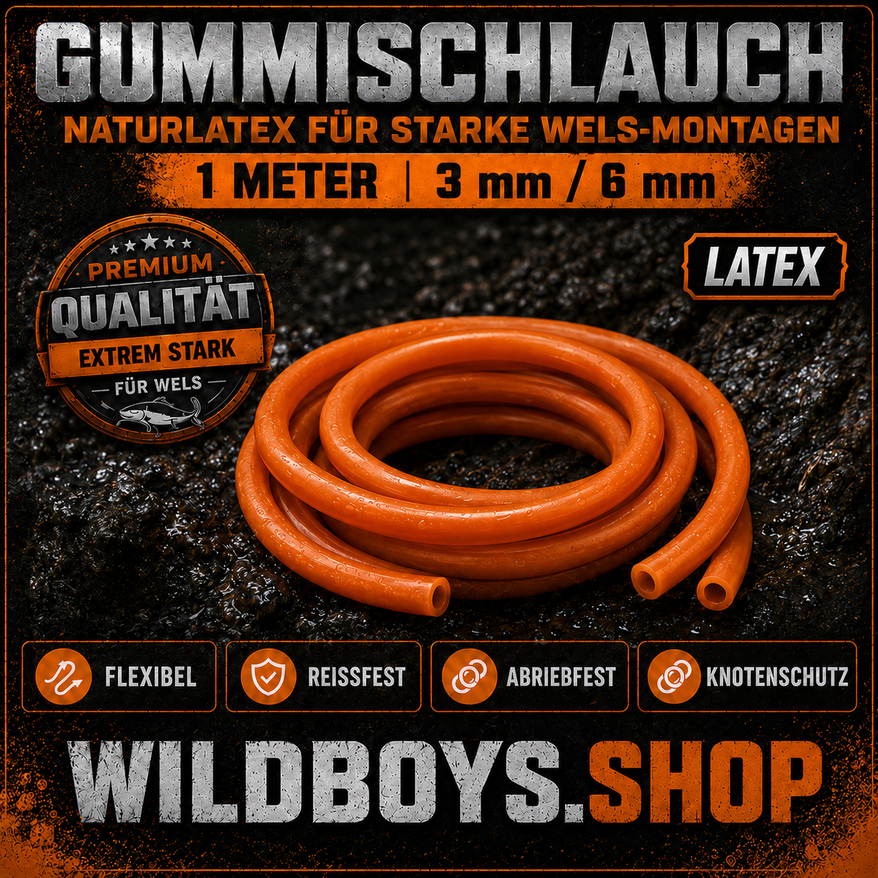 Gummischlauch 3mm 6mm Orange Naturlatex U-Posen-Stopper Wels Knotenschutz Hauptbild