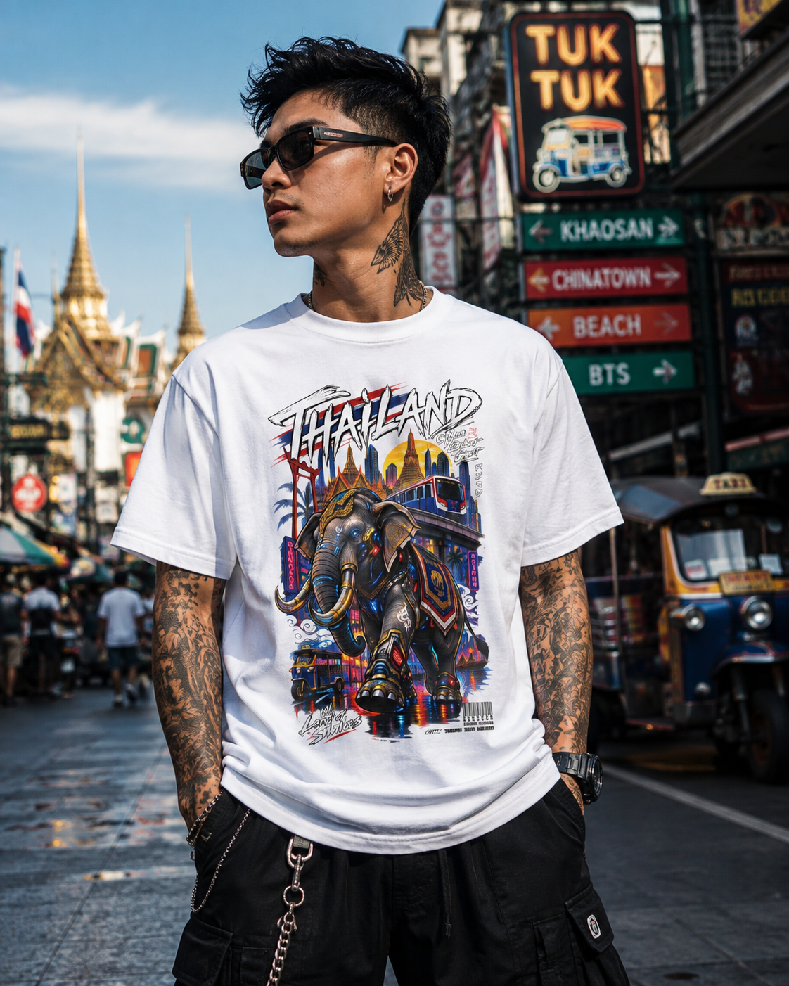 Bangkok Neon Elefant T-Shirt — Thai Streetwear Cyberpunk Style Herren Damen