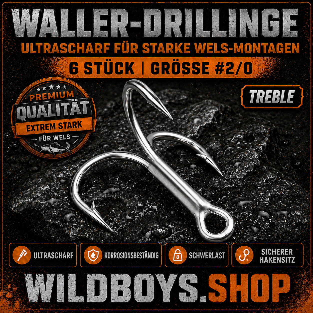 Waller Drillinge 6 Stück ultrascharf – Premium Welshaken Treble Hook Schwerlast