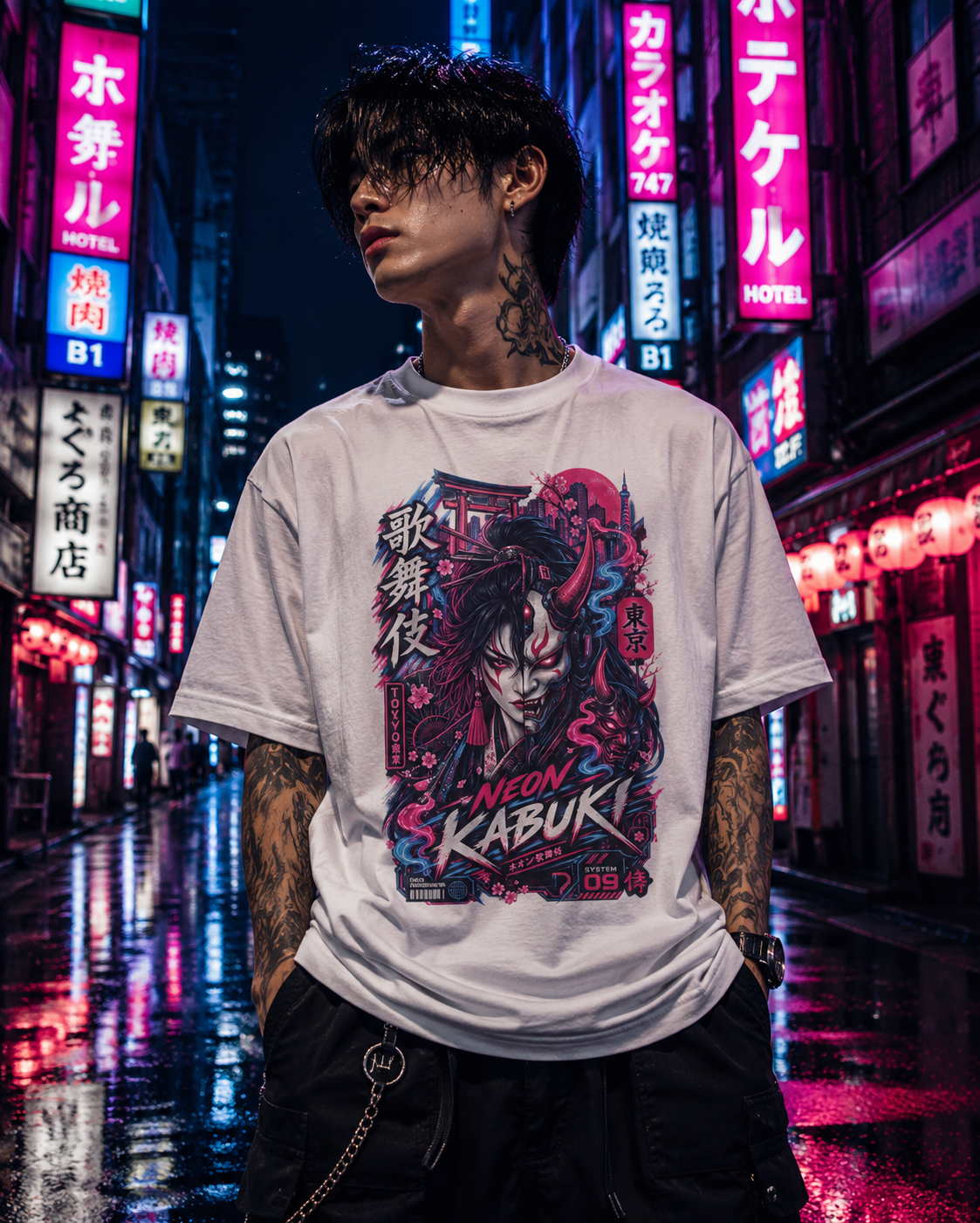 Neon Kabuki T-Shirt – Japanese Streetwear Tokyo Cyberpunk Herren Damen