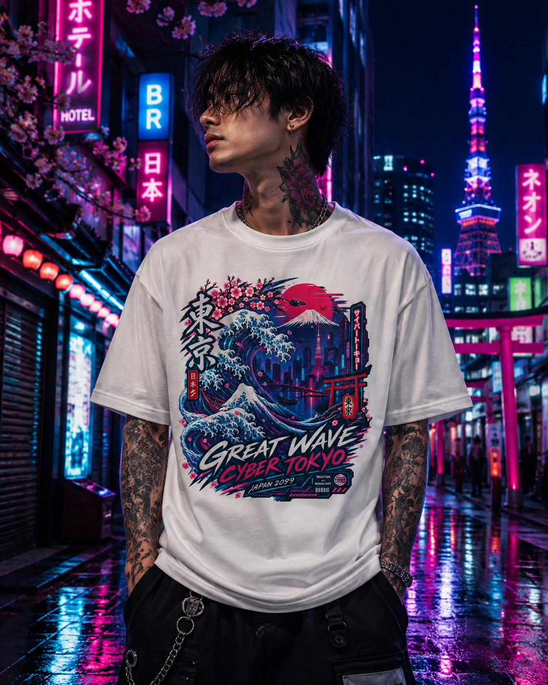 Neon Tokyo Wave T-Shirt — Cyberpunk Japanese Streetwear Herren Damen