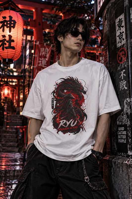 Ryu Feuerdrache T-Shirt — Japanese Kanji Streetwear Herren Damen