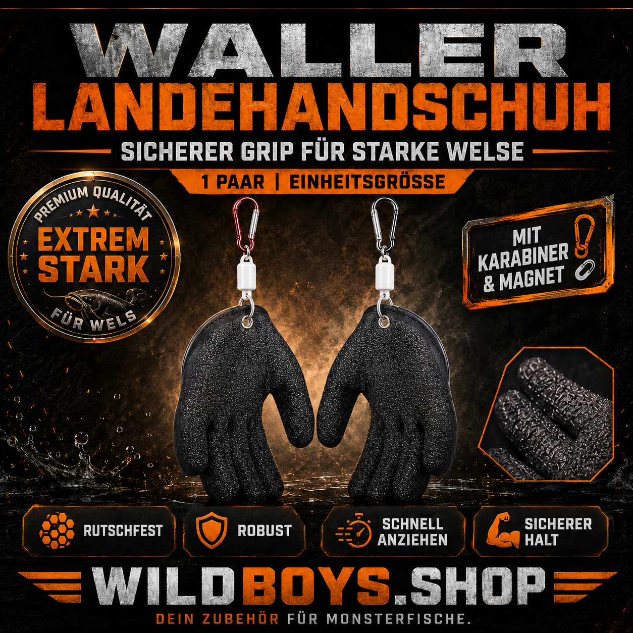 Waller Landehandschuh rutschfest mit Karabiner und Magnet – Hauptansicht