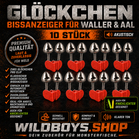 Glöckchen Bissanzeiger 10 Stück für Waller und Aal – akustischer Bissanzeiger mit Knicklicht-Halter
