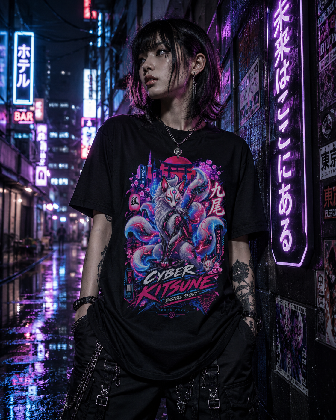 Sakura Kitsune T-Shirt — Cyberpunk Fox Streetwear Herren Damen