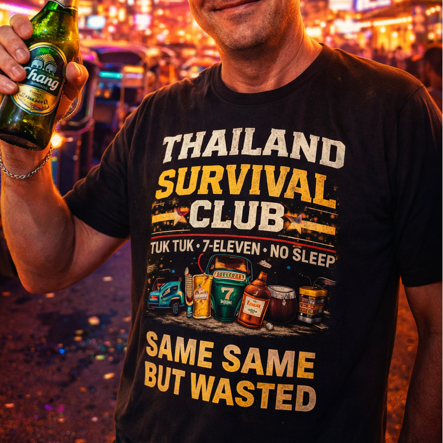 Same Same But Wasted T-Shirt — Thailand Party Vintage Graphic Tee | Lustiges Reise Geschenk – T-Shirt Designdetail Nahaufnahme