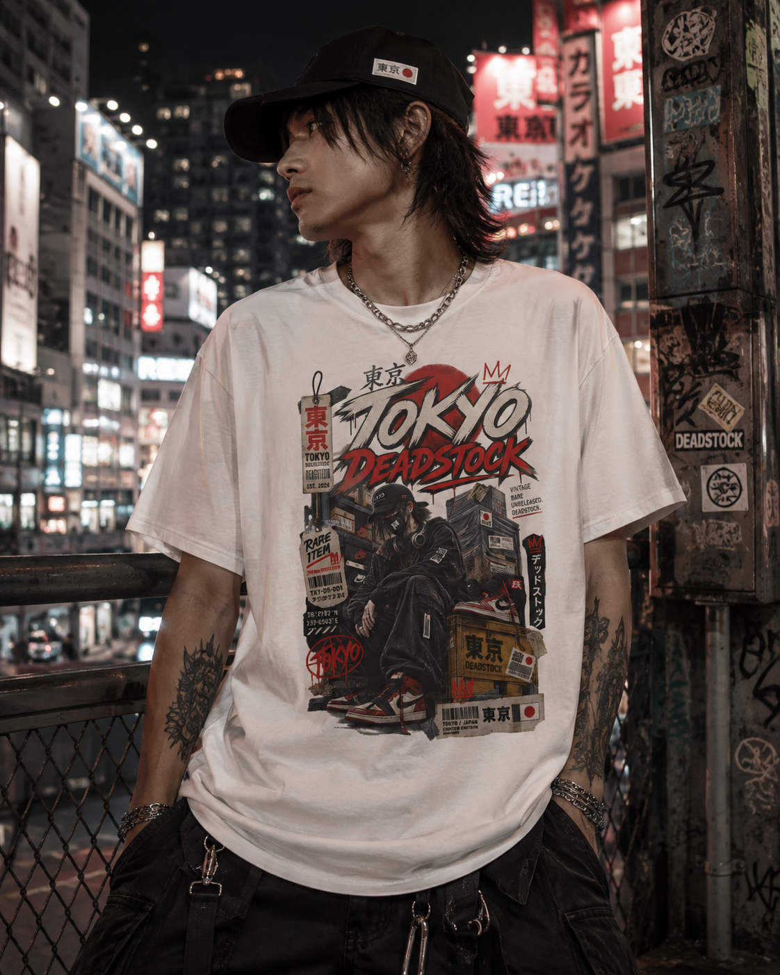 Falling Blossom Geisha T-Shirt Nahaufnahme — Kanji Kirschblüten Design Detail