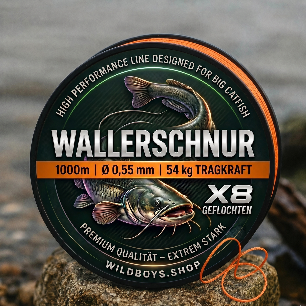 Wild Boys High Performance Wallerschnur | 0.55mm | 54kg | X8 Geflecht – High-Vis Orange 300/500/1000 Meter