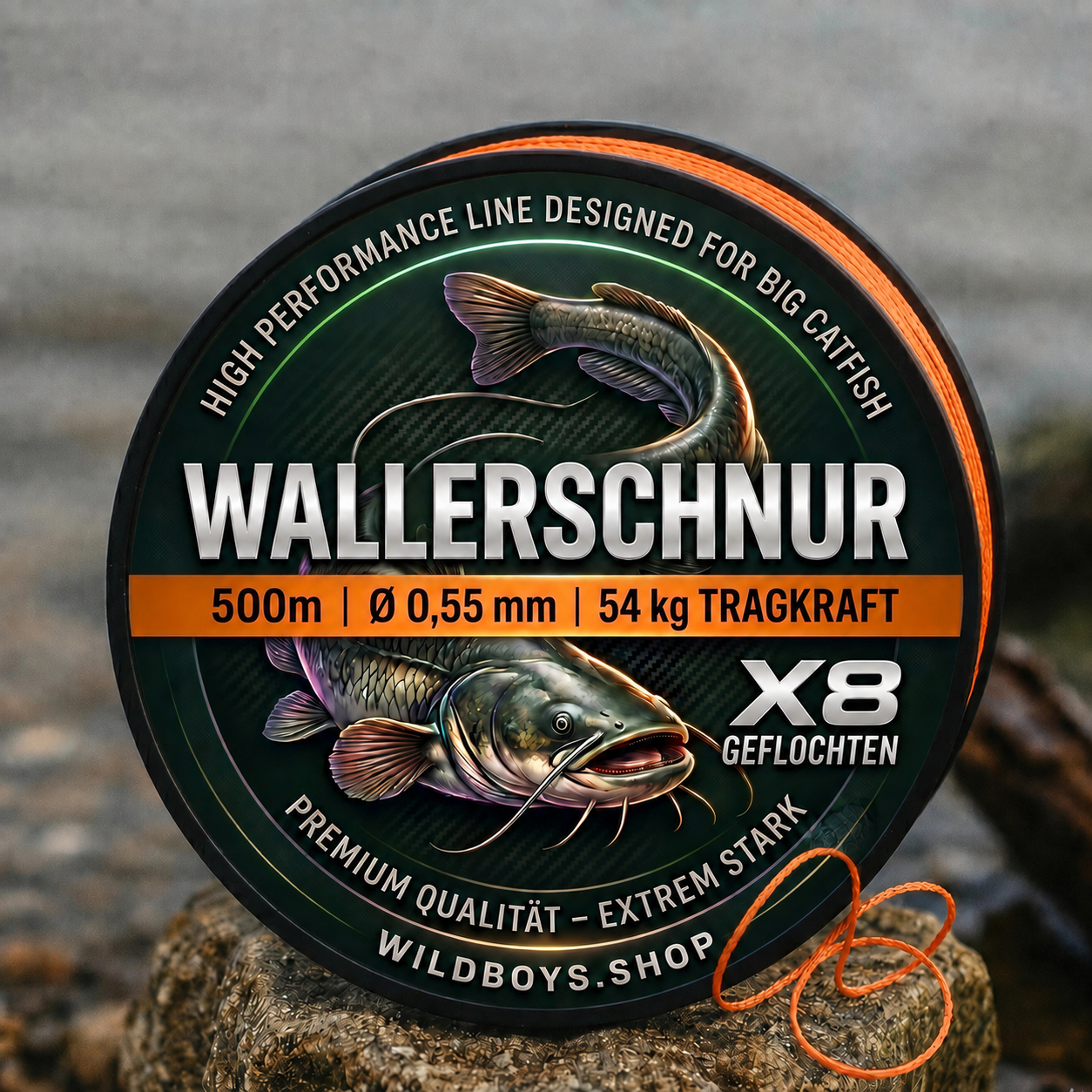 Wild Boys High Performance Wallerschnur | 0.55mm | 54kg | X8 Geflecht – High-Vis Orange 300/500/1000 Meter