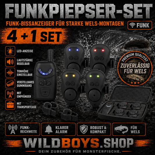 Funk Bissanzeiger Set 4+1 für Wels-Montagen mit LED-Anzeige, regelbarer Lautstärke, Empfänger und Transportkoffer – Wild Boys Shop