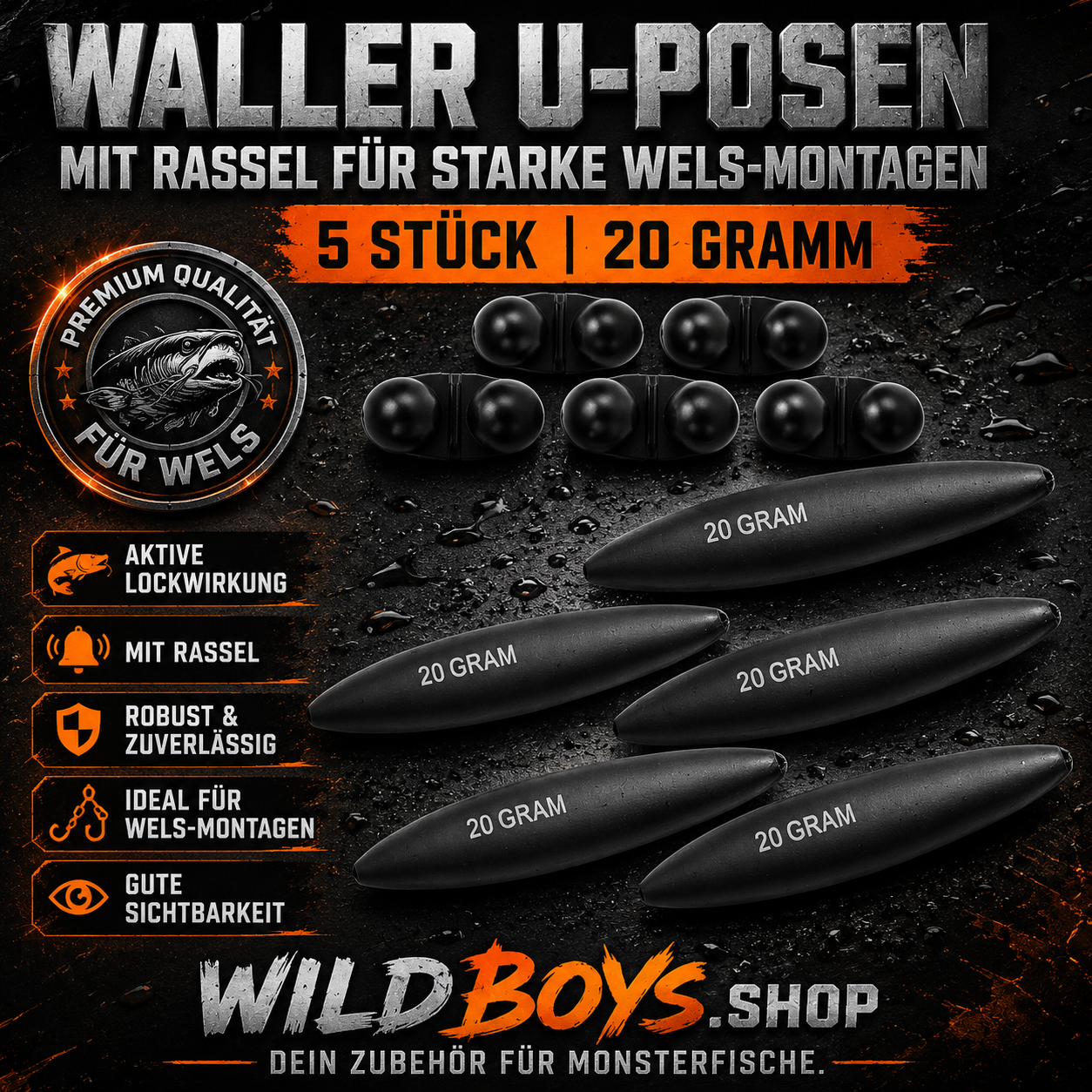 Waller U-Pose mit Rassel 20g 5 Stück – Unterwasserpose Subfloat Wels mit Lockwirkung