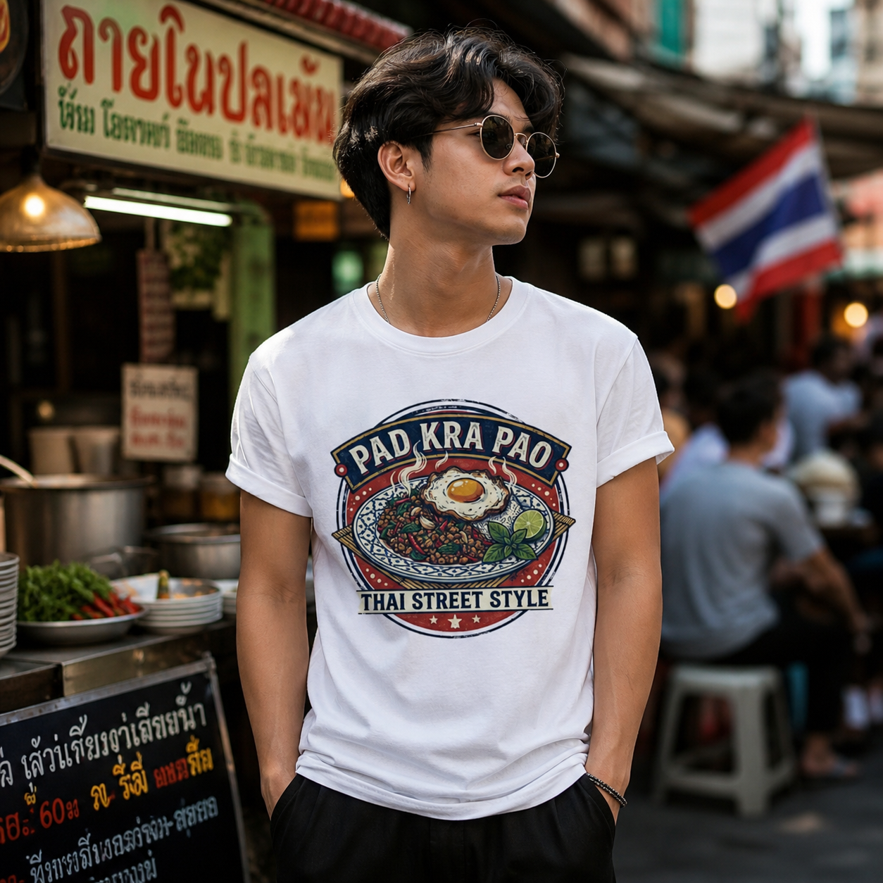 Pad Kra Pao T-Shirt — Thai Street Food Graphic Tee | Holy Basil Foodie Geschenk – T-Shirt Designdetail Nahaufnahme