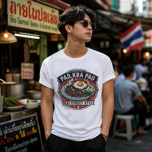 Pad Kra Pao T-Shirt — Thai Street Food Graphic Tee | Holy Basil Foodie Geschenk – T-Shirt Designdetail Nahaufnahme