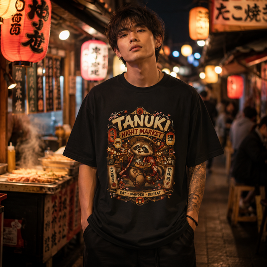 Tanuki Night Market T-Shirt – Japanese Streetwear Vintage Graphic Tee