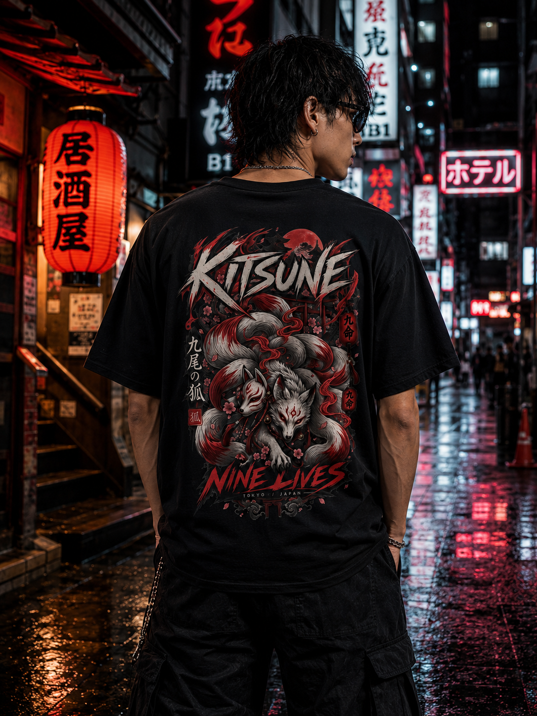 Kitsune Nine Lives T-Shirt — Japanisches Streetwear Fuchs Motiv Herren Damen