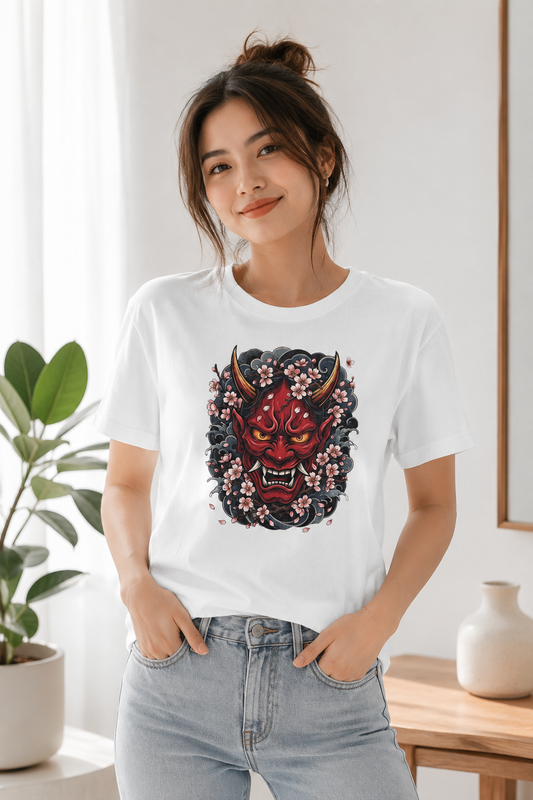Hannya Maske Kirschblüten T-Shirt — Japanese Streetwear Dämon Herren Damen