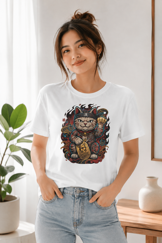 Gangster Cat T-Shirt – Japanese Streetwear Maneki Neko Herren Damen