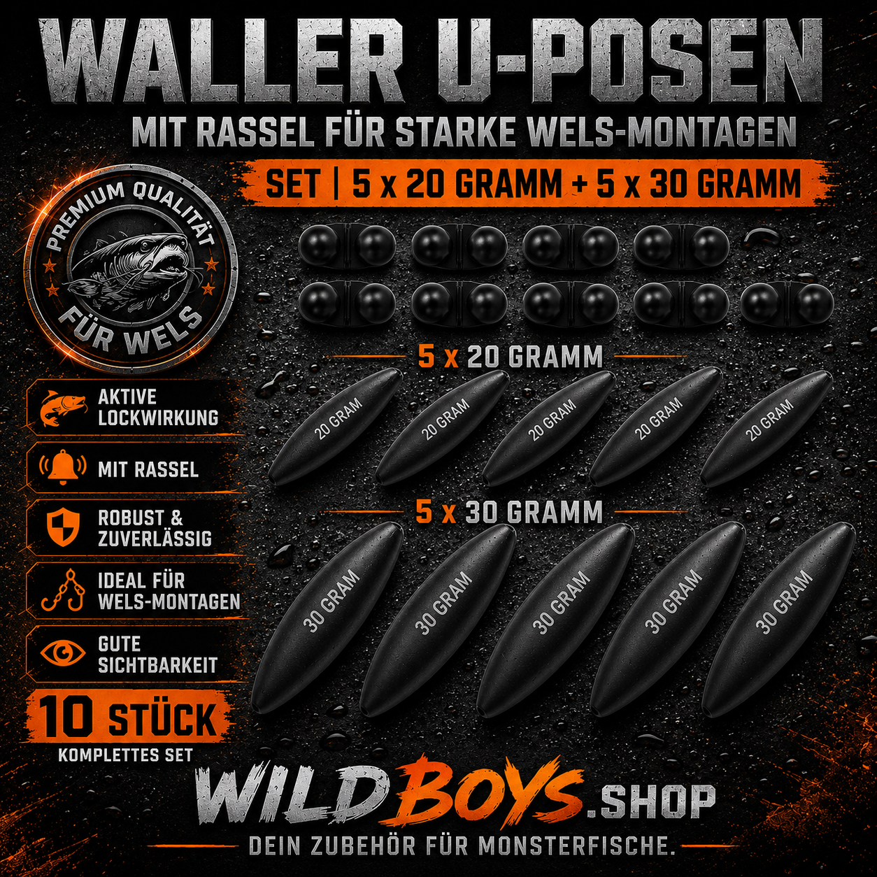 Waller U-Pose mit Rassel 5 Stück 20g & 30g — Unterwasserpose Subfloat Wels mit Lockwirkung | Wild Boys Fishing