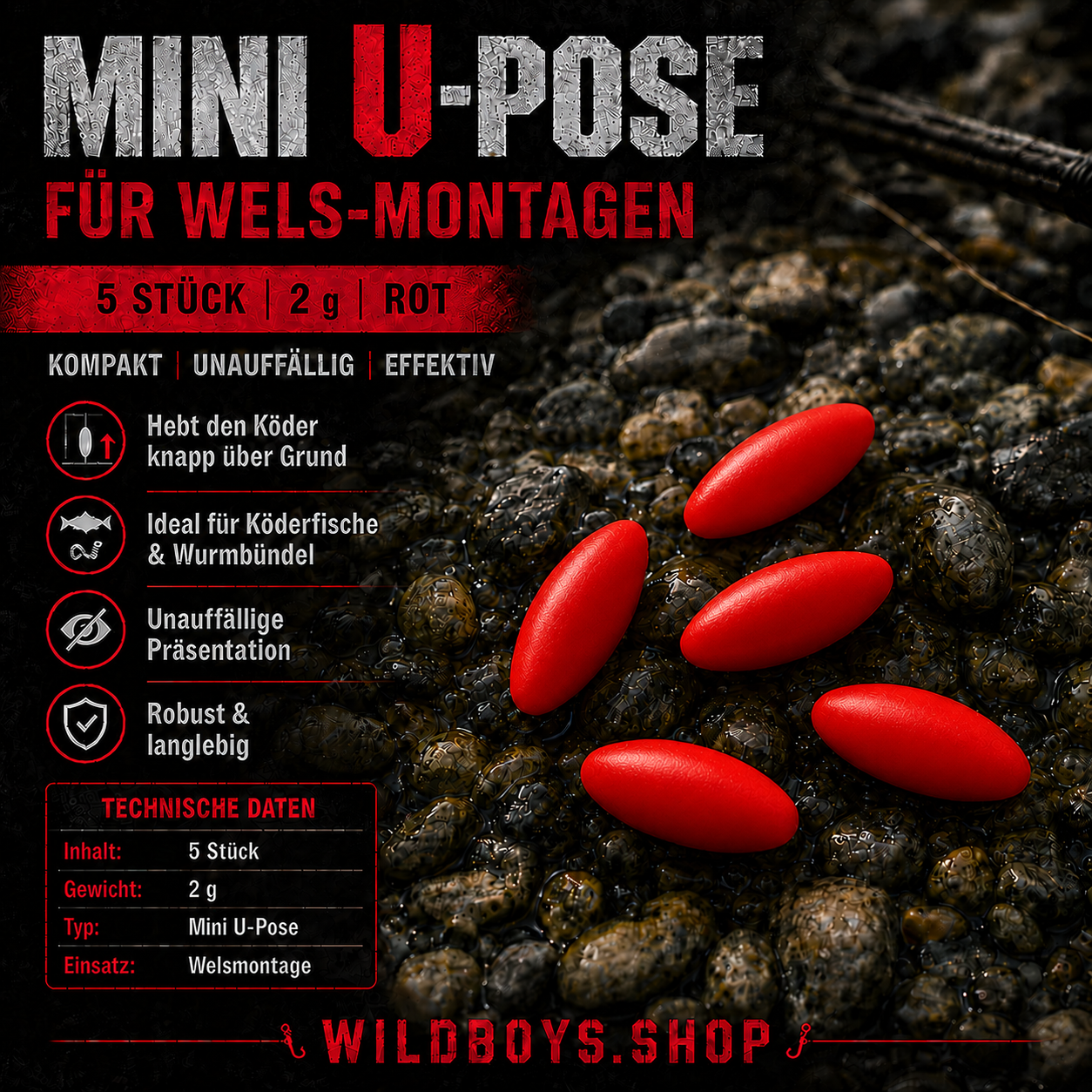 Mini U-Pose Wels 2g 4g 5 Stück — Orange, Gelb, Rot & Grün | Wild Boys Fishing