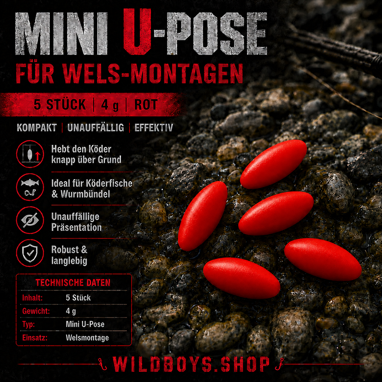 Mini U-Pose Wels 2g 4g 5 Stück — Orange, Gelb, Rot & Grün | Wild Boys Fishing