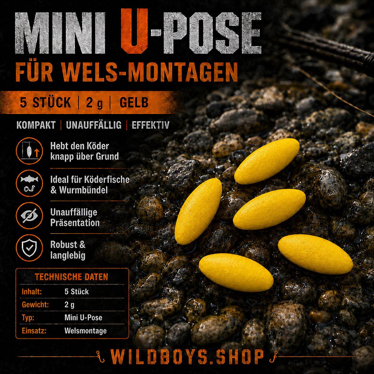 Mini U-Pose Wels 2g 4g 5 Stück — Orange, Gelb, Rot & Grün | Wild Boys Fishing