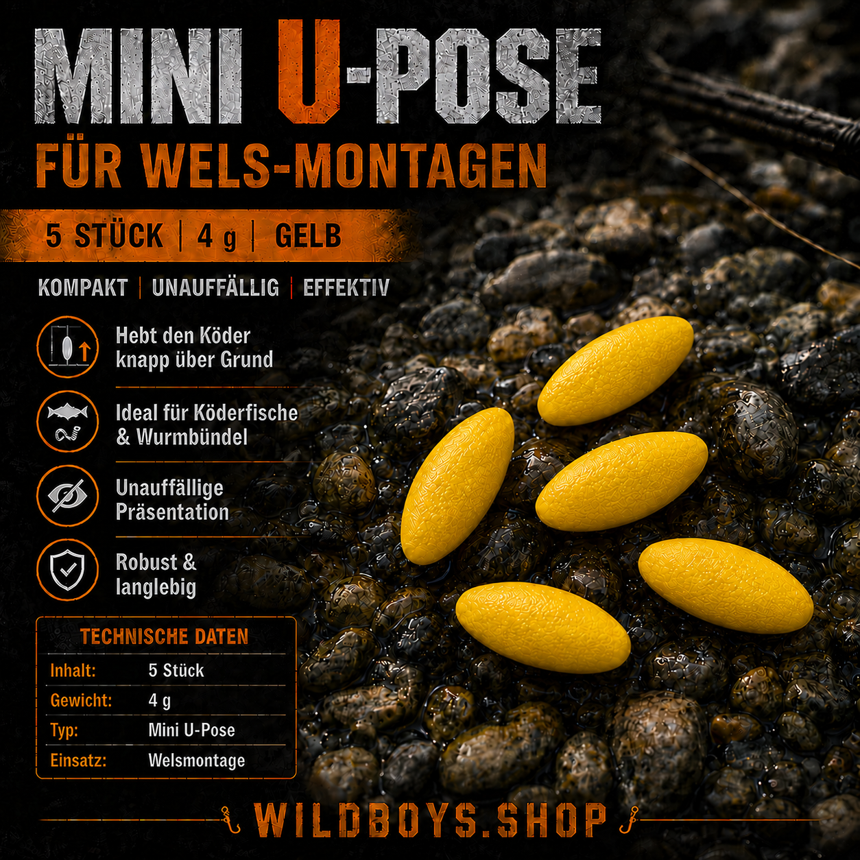 Mini U-Pose Wels 2g 4g 5 Stück — Orange, Gelb, Rot & Grün | Wild Boys Fishing