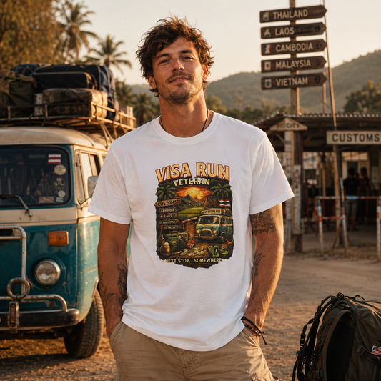 Visa Run Veteran T-Shirt — Funny Southeast Asia Expat Backpacker Travel Streetwear Herren Damen