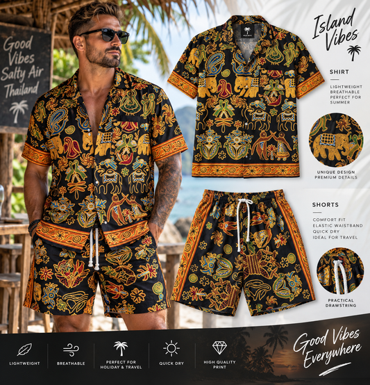 Golden Thai Herren-Set – Hemd & Shorts Schwarz/Gold