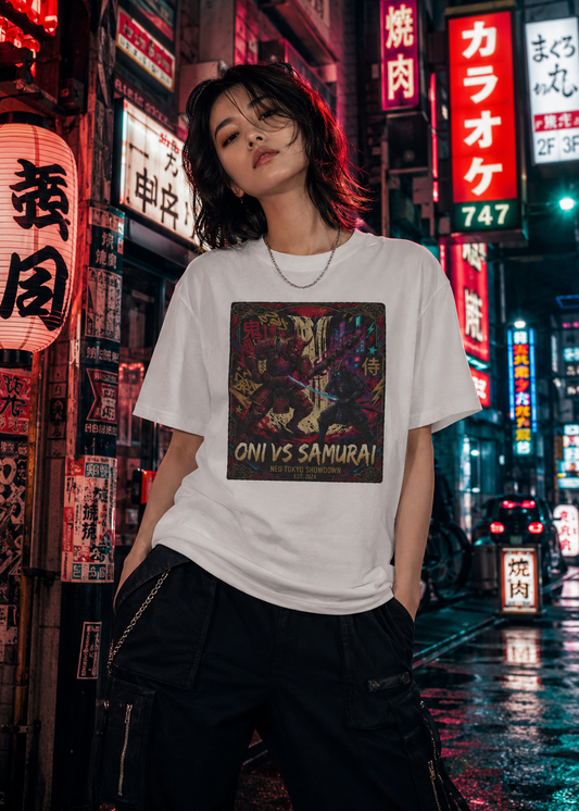 Oni vs Samurai T-Shirt – Japanese Streetwear Anime Kanji Herren Damen Unisex
